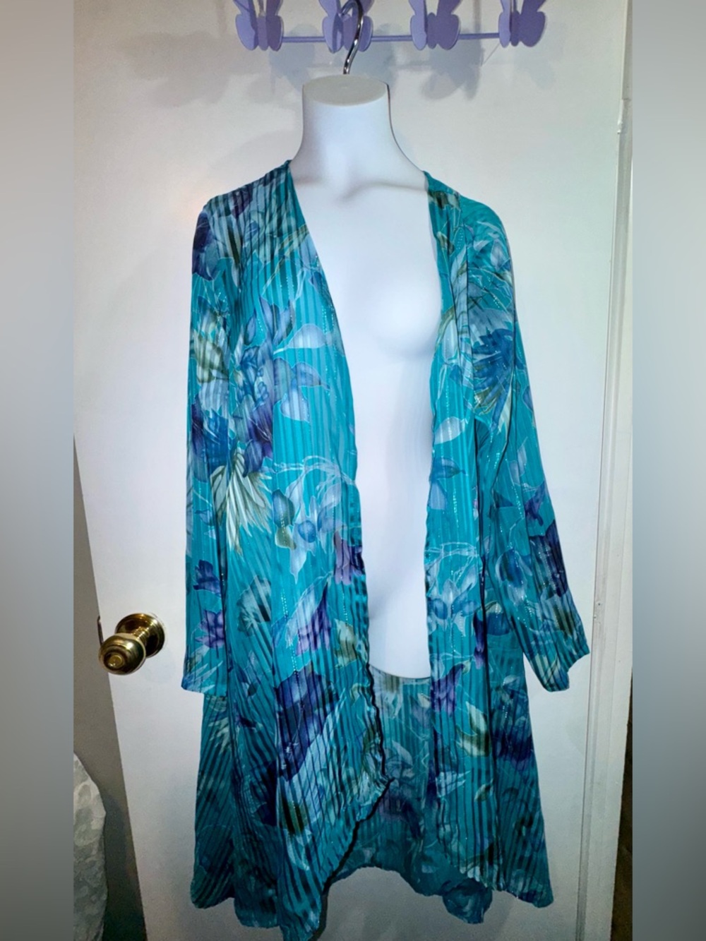 Teal Floral Open-Front Women's Tunic Cardigan